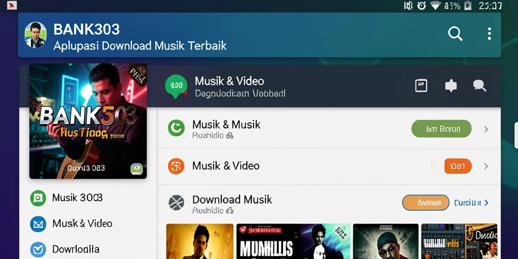 Screenshot utama BANK303 menampilkan antarmuka aplikasi Download Musik yang sederhana.