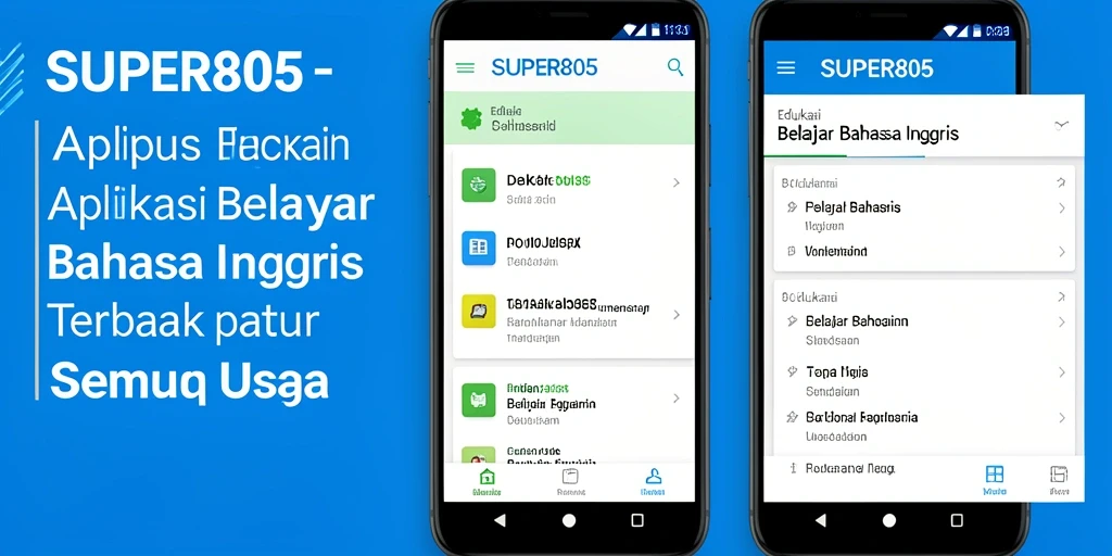 Antarmuka aplikasi SUPER805 yang menarik dan interaktif untuk belajar bahasa Inggris.